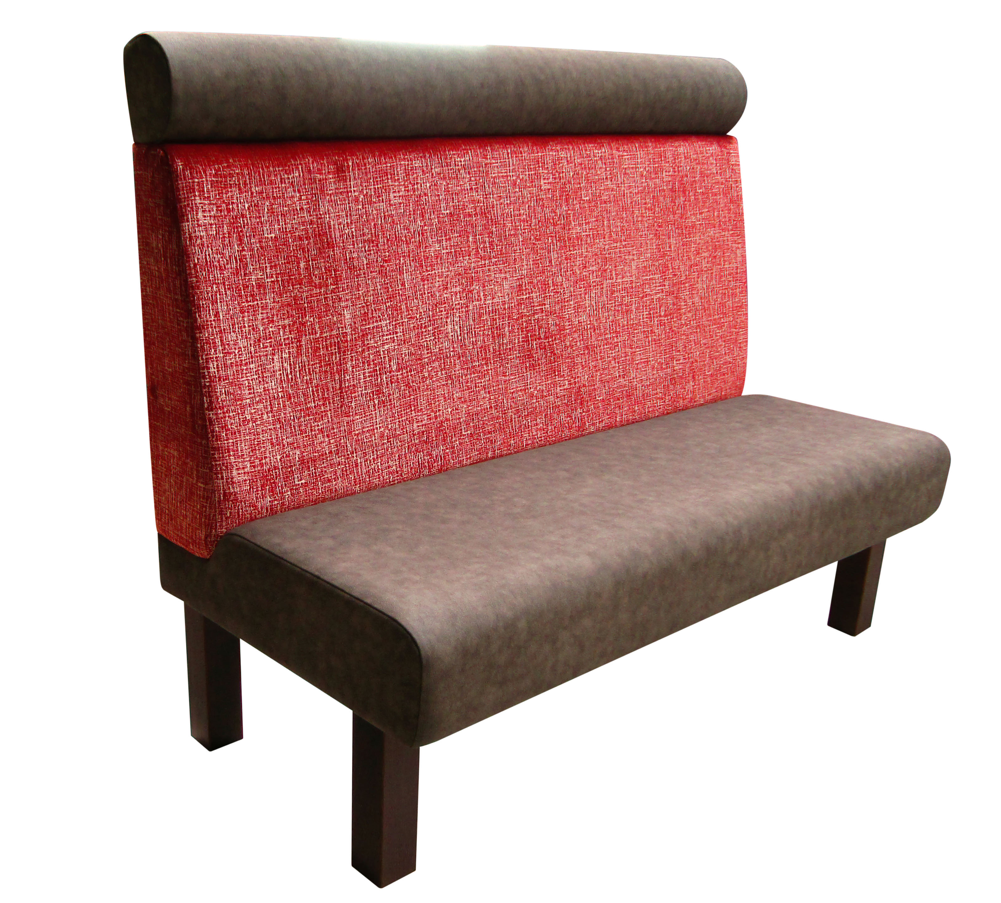 Vollpolsterbank mit Stollenfüßen.  Stollen aus Buchenholz, dunkel gebeizt. Sitzfläche und Nackenrolle bezogen mit braun-grauen Kunstleder. Der Rücken ist mit einem roten Stoff bezogen.  Sitzfläche in Höhe der Kniekehle gerundet. Unterseitig  eckig.